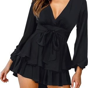 Jumpsuit V Neck- Waist Tie Double Layer Ruffle Hem Short Mini Dress Romper